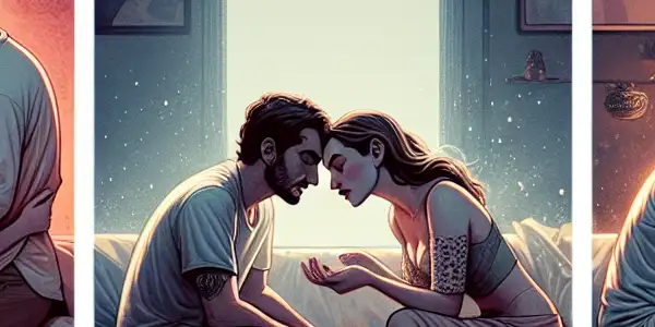 A triptych illustrating the emotional spectrum in adult relationships: romance, tension, and everyday intimacy.