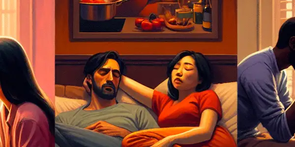 A triptych illustrating the emotional journey of adult relationships: romance, conflict, and everyday companionship.