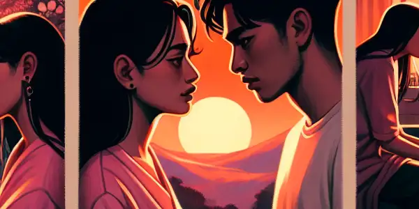 A triptych depicting the emotional spectrum of adult relationships: romance, tension, and everyday interactions.