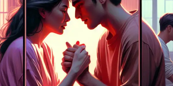 A triptych illustrating the emotional spectrum of adult relationships: romance, tension, and everyday interactions.