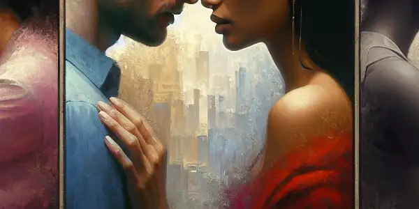 A triptych illustrating the emotional spectrum of adult relationships: romance, conflict, and everyday life.