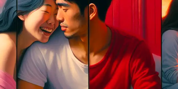 A triptych illustrating the emotional spectrum of adult relationships: romance, conflict, and everyday interactions.