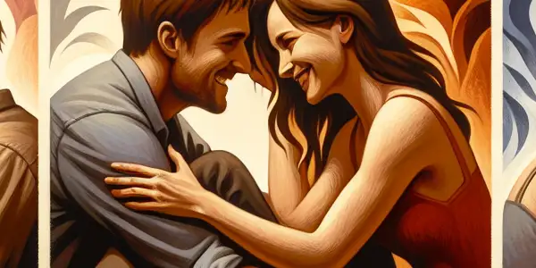 A triptych illustrating the emotional spectrum of adult relationships: romance, conflict, and everyday life.