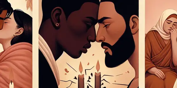 A triptych depicting the emotional spectrum of adult relationships: romance, conflict, and everyday interactions.