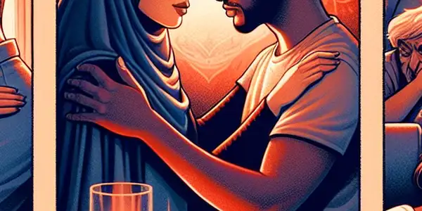 A triptych depicting the emotional spectrum of adult relationships: romance, conflict, and everyday interactions.