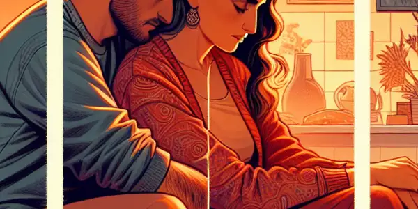 A triptych depicting the emotional spectrum of adult relationships: romance, tension, and everyday interactions.