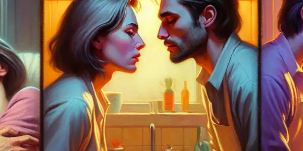 A triptych illustrating the emotional spectrum of adult relationships: romance, conflict, and everyday interactions.