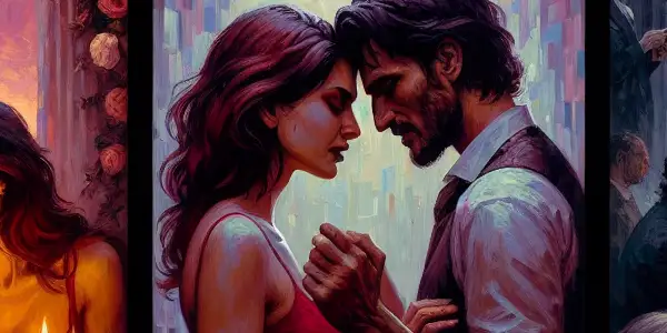 A triptych illustrating the emotional spectrum of adult relationships: romance, conflict, and everyday intimacy.