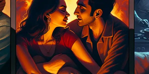 A triptych illustrating the emotional spectrum of adult relationships: romance, conflict, and everyday life.