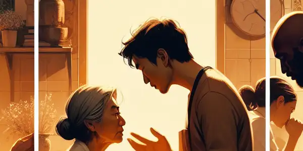 A triptych illustrating the emotional spectrum of adult relationships: romance, conflict, and everyday companionship.