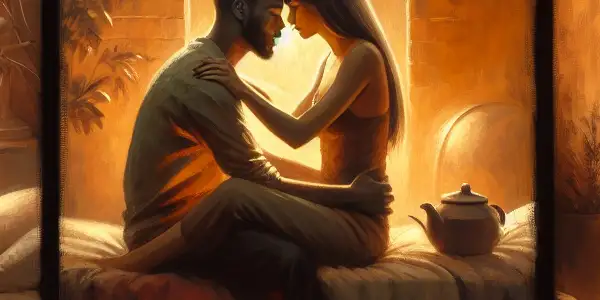 A triptych depicting the emotional spectrum of adult relationships: romance, tension, and everyday interactions.