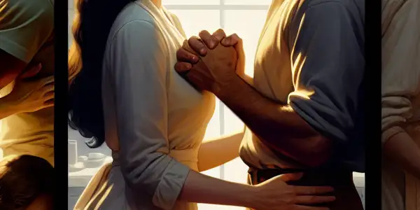 A triptych illustrating the emotional spectrum of adult relationships: romance, conflict, and everyday intimacy.