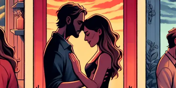 A triptych illustrating the emotional journey of adult relationships: romance, conflict, and everyday connection.