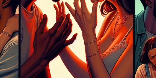 A triptych illustrating the emotional spectrum of adult relationships: romance, tension, and everyday interactions.