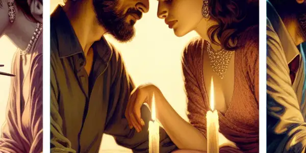 A triptych illustrating the emotional spectrum in adult relationships: romance, tension, and everyday interactions.