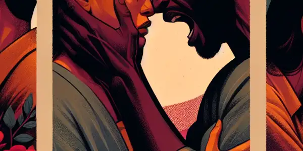 A triptych illustrating the emotional spectrum of adult relationships: romance, conflict, and everyday life.