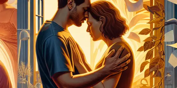 A triptych depicting the emotional journey of adult relationships: romance, conflict, and everyday life.