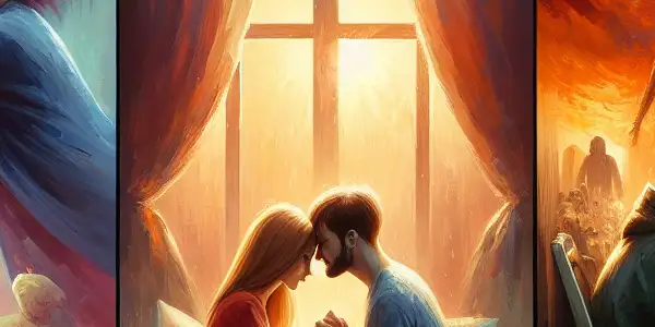 A triptych illustrating the emotional spectrum of adult relationships: intimacy, conflict, and everyday moments.