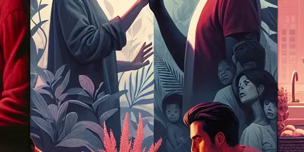 A triptych depicting the emotional spectrum of adult relationships: romance, tension, and everyday interactions.