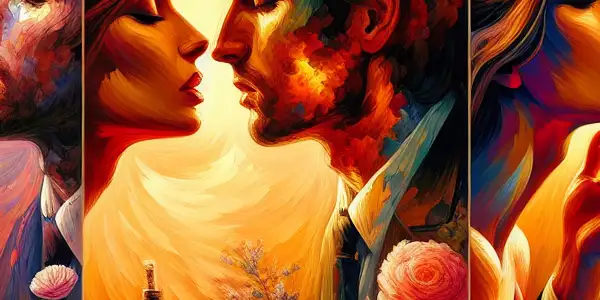 A triptych illustrating the emotional journey of adult relationships: passion, conflict, and serene connection.