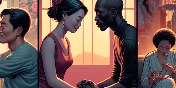 A triptych depicting the emotional spectrum of adult relationships: romance, conflict, and everyday life.