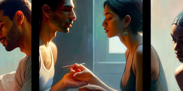 A triptych illustrating the emotional spectrum of adult relationships: romance, conflict, and everyday life.