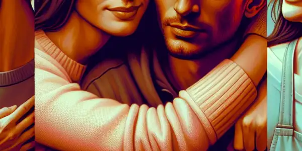 A triptych illustrating the emotional journey in adult relationships: romance, conflict, and everyday interactions.