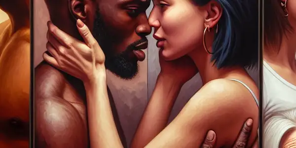 A triptych illustrating the emotional spectrum of adult relationships: romance, conflict, and everyday companionship.