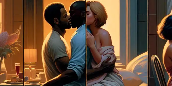 A triptych illustrating the emotional journey of adult relationships: romance, conflict, and everyday life.