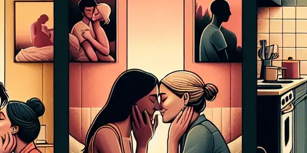 A triptych illustrating the emotional spectrum of adult relationships: romance, conflict, and everyday life.