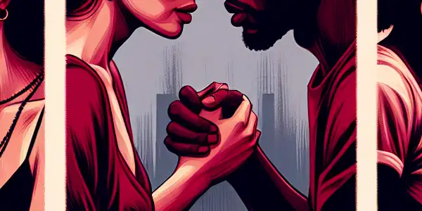 A triptych illustrating the emotional spectrum of adult relationships: romance, conflict, and everyday interactions.