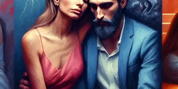 A triptych illustrating the emotional spectrum of adult relationships: romance, tension, and everyday interactions.