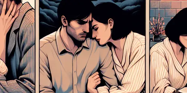 A triptych illustrating the emotional spectrum of adult relationships: romance, conflict, and everyday interactions.