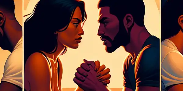 A triptych illustrating the emotional journey of adult relationships: romance, conflict, and everyday intimacy.