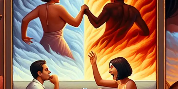 A triptych illustrating the emotional spectrum of adult relationships: romance, conflict, and everyday life.