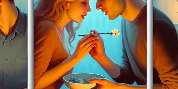 A triptych illustrating the emotional spectrum of adult relationships: romance, conflict, and everyday companionship.