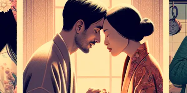 A triptych illustrating adult relationships: romance, conflict, and everyday life moments between a couple.