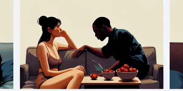 A triptych illustrating the emotional spectrum in adult relationships: romance, conflict, and everyday companionship.