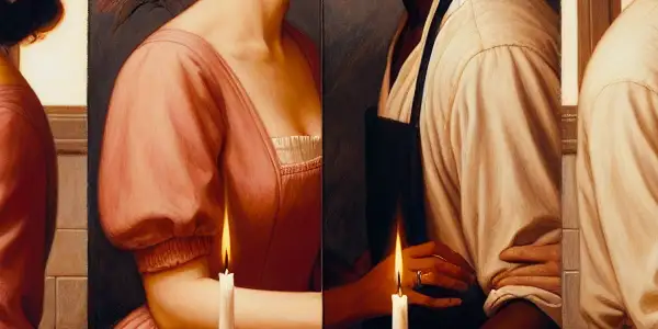 A triptych illustrating the emotional spectrum in adult relationships: romance, conflict, and everyday interactions.