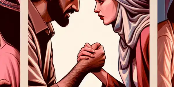 A triptych illustrating the emotional spectrum of adult relationships: romance, conflict, and everyday life.