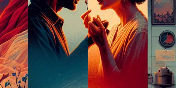 A triptych illustrating the emotional spectrum in adult relationships: passion, conflict, and everyday life.