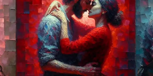 A triptych illustrating the emotional journey of adult relationships: romance, conflict, and everyday companionship.