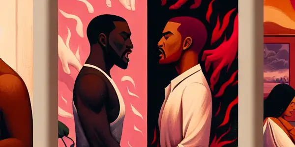 A triptych illustrating the emotional spectrum of adult relationships: romance, conflict, and everyday life.