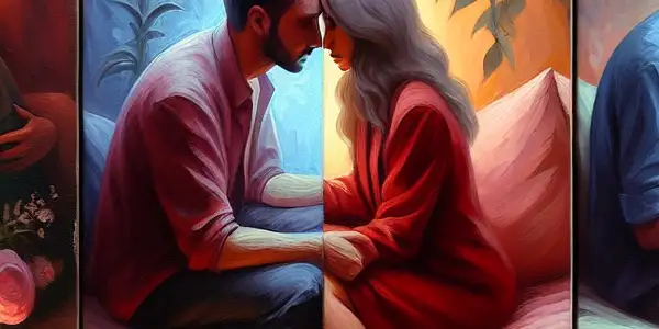 A triptych depicting the emotional journey of a couple through romance, conflict, and everyday life.