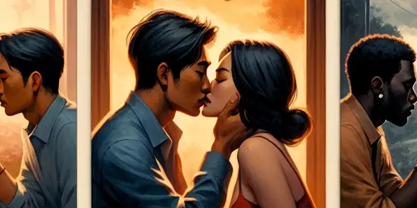 A triptych illustrating the emotional spectrum of adult relationships: romance, conflict, and everyday interactions.