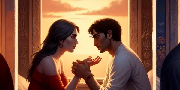 A triptych depicting the emotional journey of adult relationships: romance, conflict, and everyday interactions.