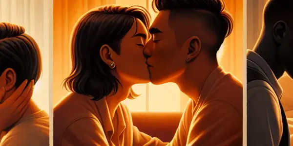 A triptych illustrating the emotional spectrum of adult relationships: love, conflict, and everyday companionship.