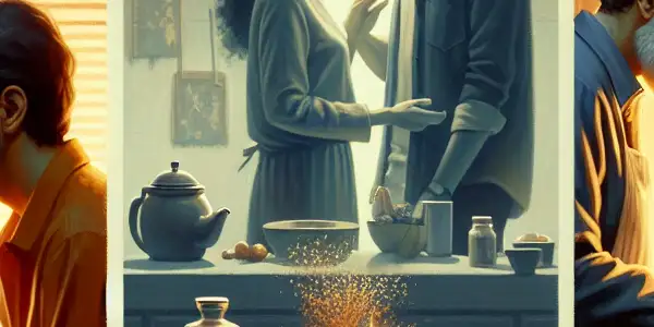 A triptych illustrating the emotional spectrum of adult relationships: romance, conflict, and everyday companionship.