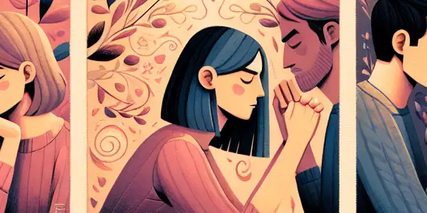 A triptych illustrating the emotional spectrum in adult relationships: romance, conflict, and everyday intimacy.