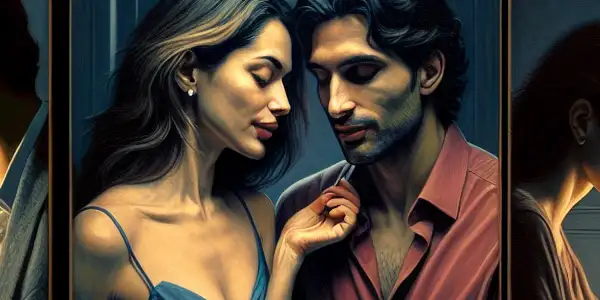 A triptych depicting the emotional spectrum of adult relationships: romance, conflict, and everyday interactions.